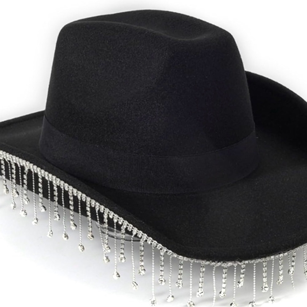Elegant Black Hat with Rhinestone Fringe